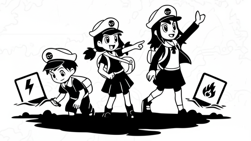 Black and white illustration of three kids looking for Pokemon.