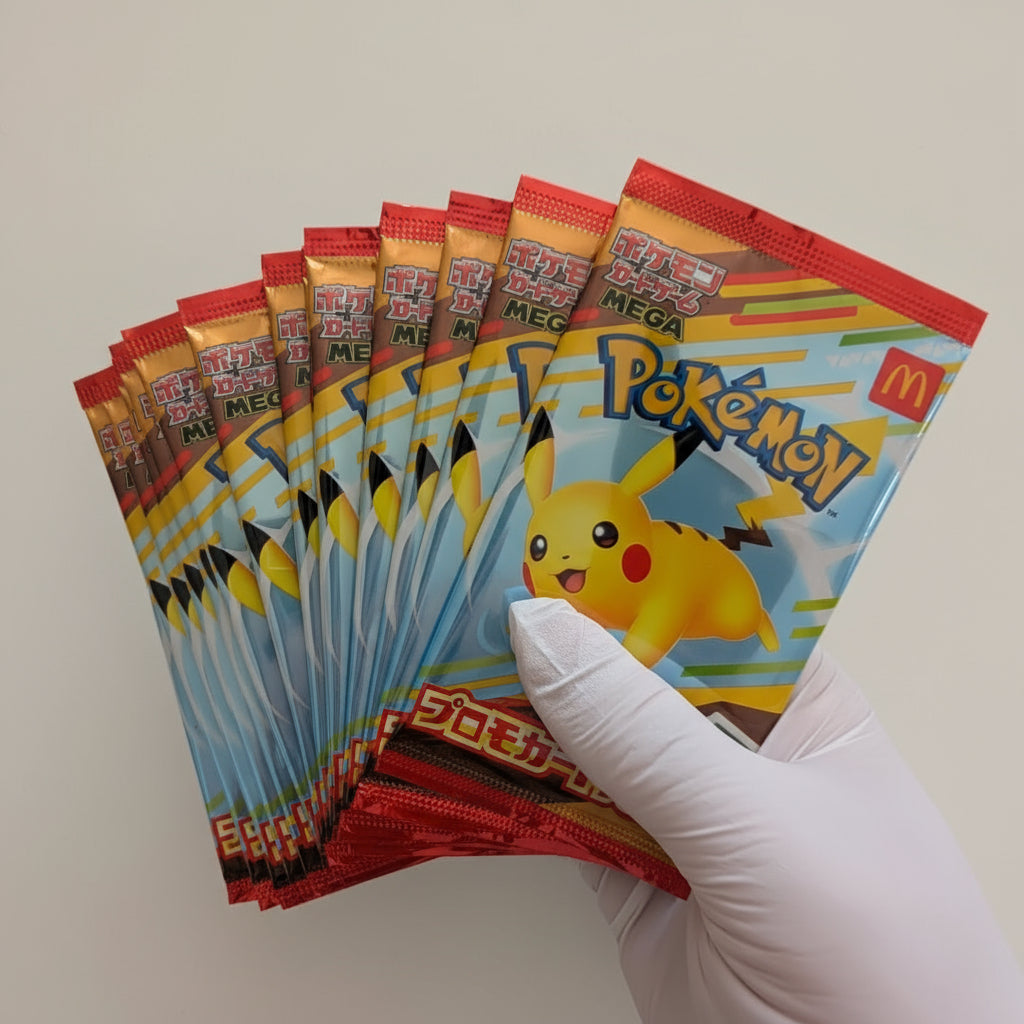 Hand holding a stack of Pokémon trading cards against a light background